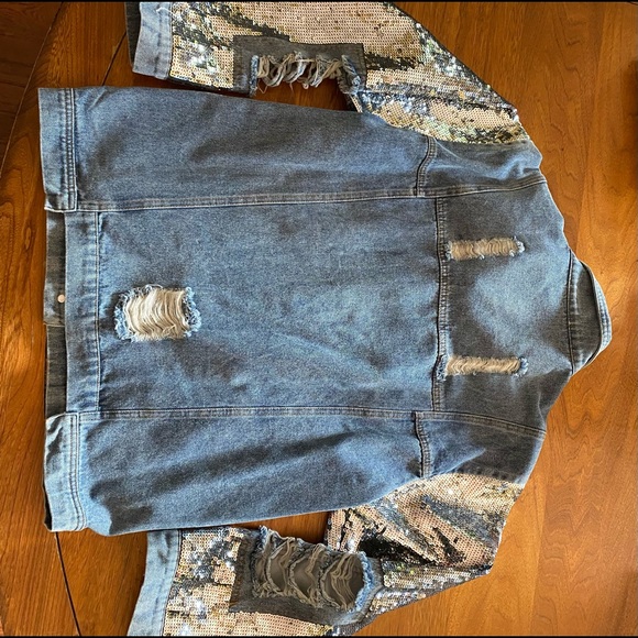 Distressed denim with sequined sleeves jacket - Picture 11 of 15